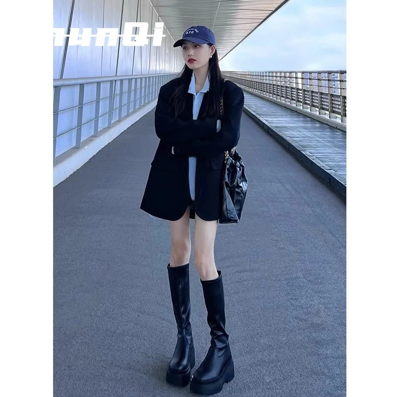 淳启黑色小西装外套女春秋季新款小个子炸街通勤气质休闲西服上衣