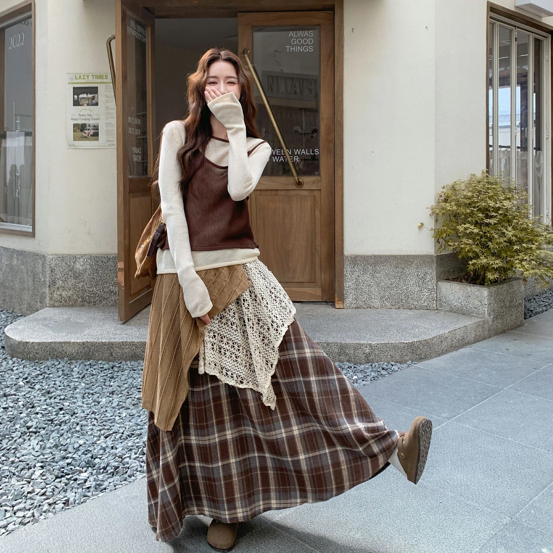 波西米亚风百搭减龄套装裙女早秋气质显瘦假两件上衣格子裙两件套