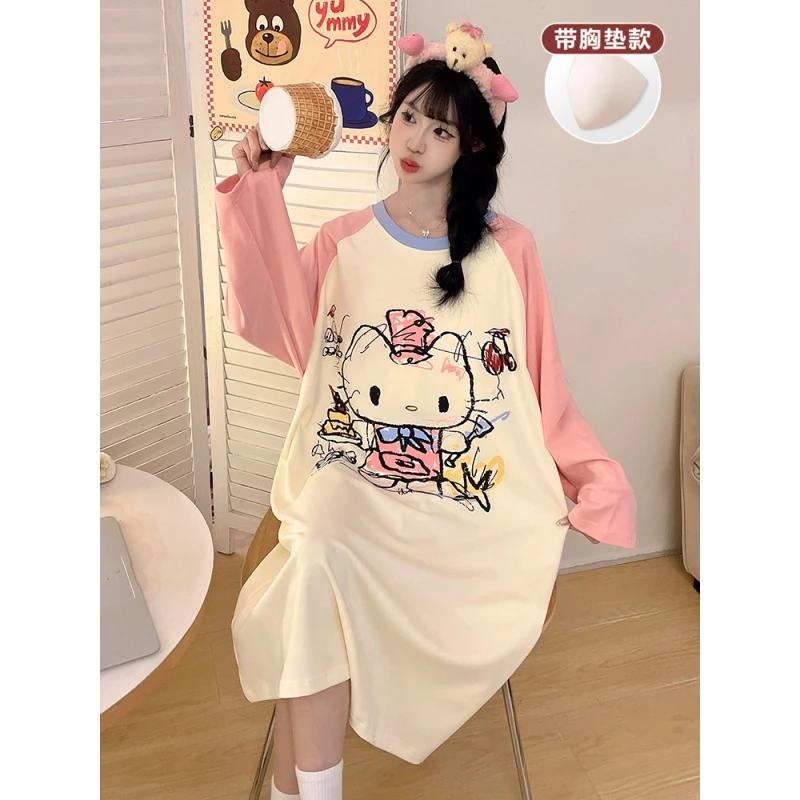 带胸垫睡裙女孩春秋季长袖防凸点大童卡通12-13-15岁初中高中学生