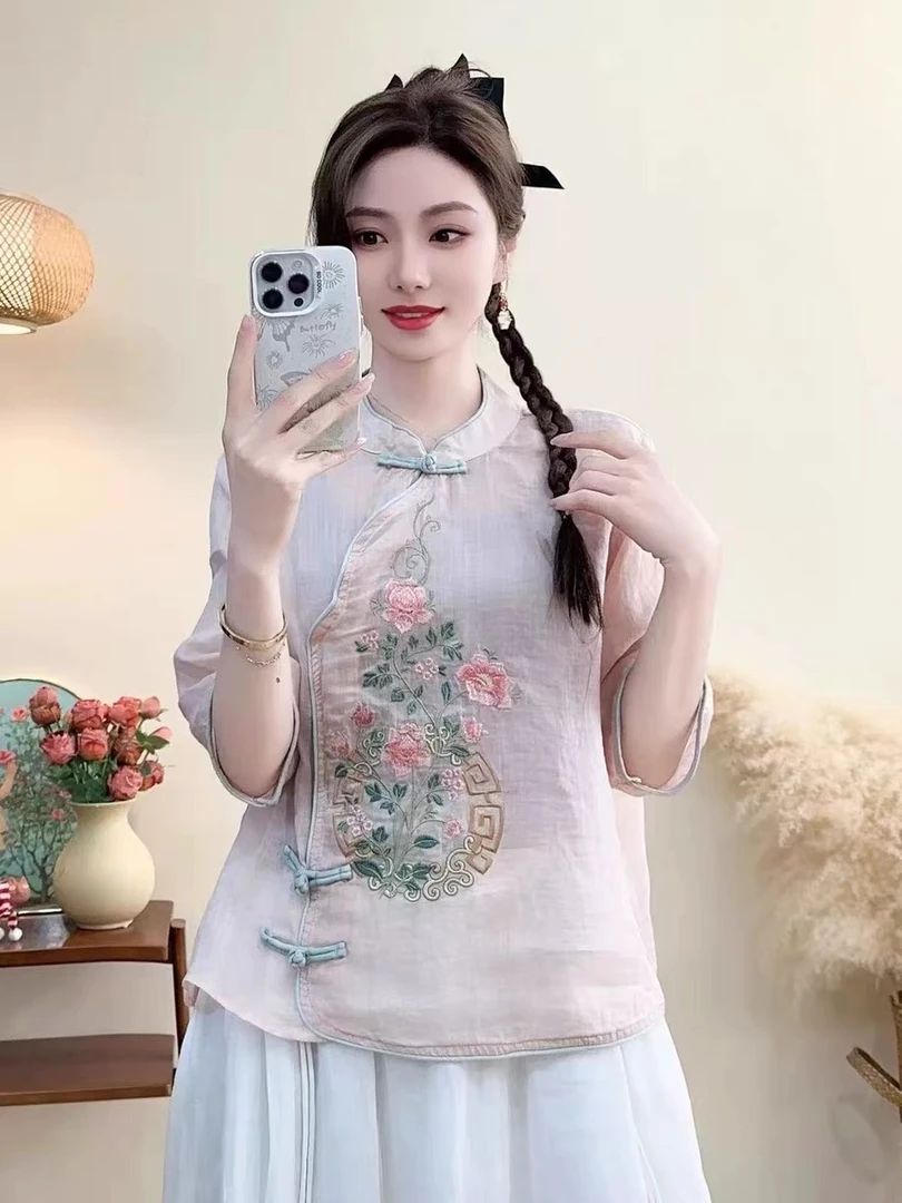 夏季新款棉麻复古新中式重工刺绣中国风苎麻茶服立领文艺绣花衬衫