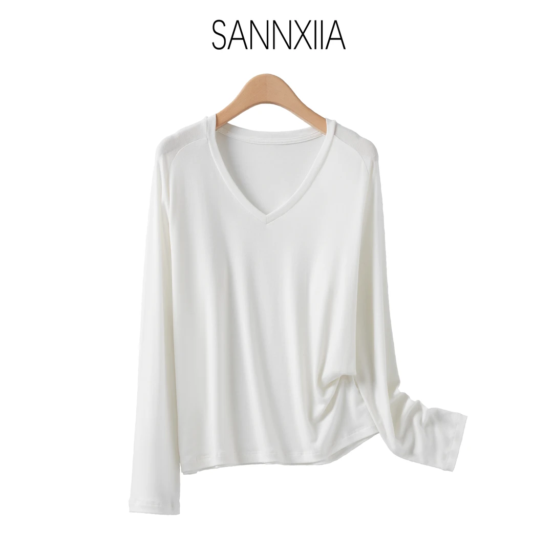 SANNXIIA百搭时尚天丝羊毛V领插肩长袖T  ZM8503