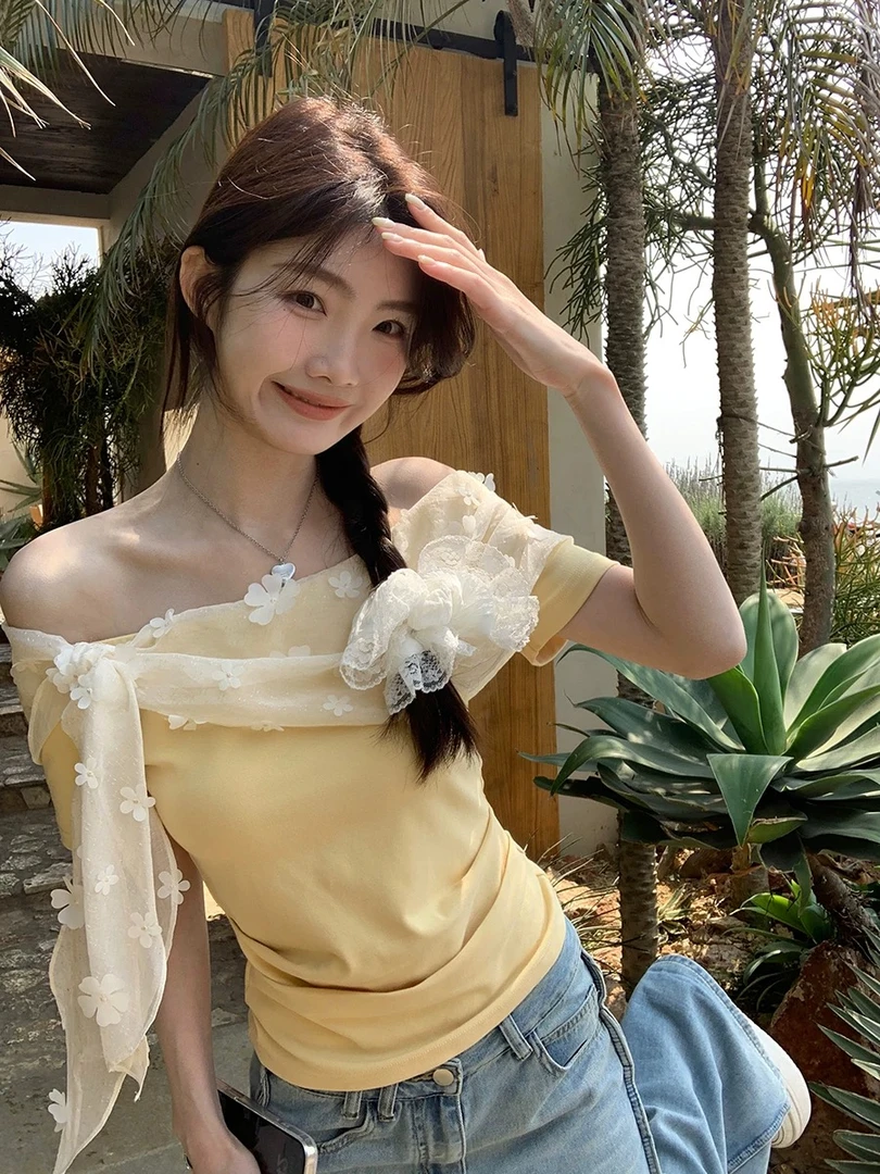 夏季短袖法式甜辣黄色T恤甜美荷叶别致独特漂亮小衫财阀千金女装