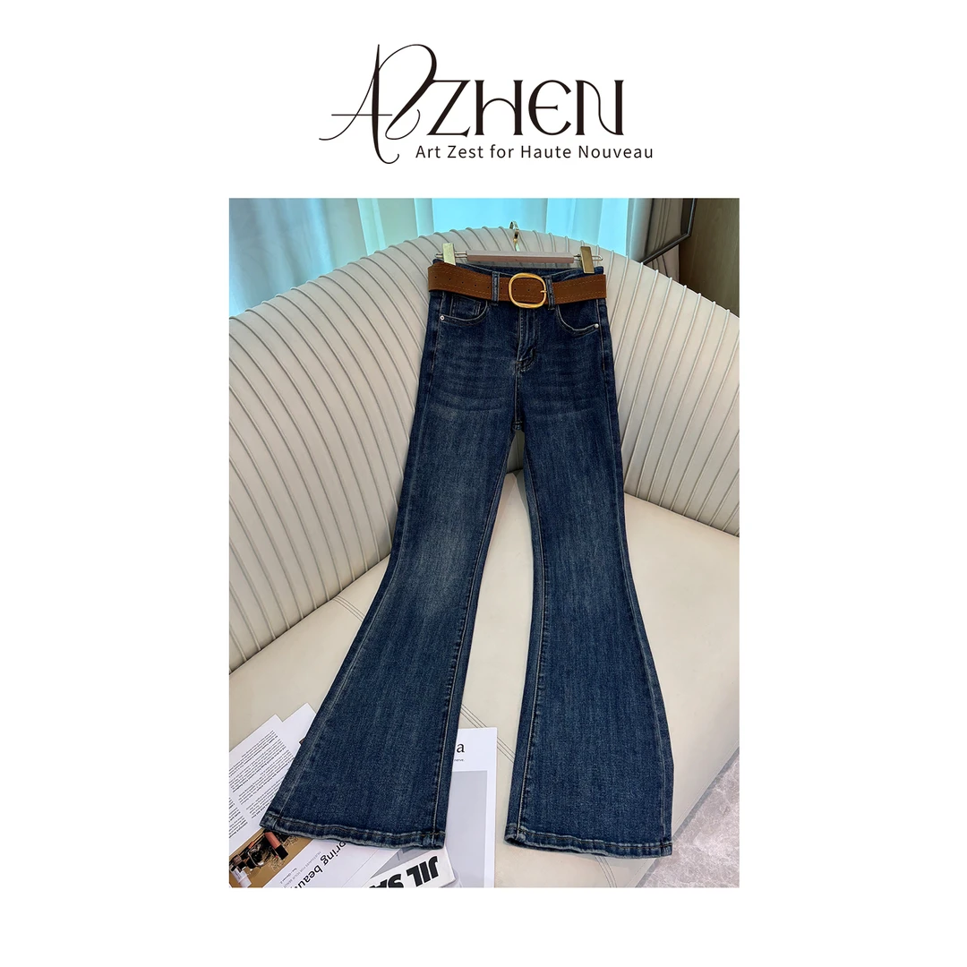 AZZHEN【复古靓妹】复古腰带微喇牛仔裤喇叭裤裤子高腰AZ5FNK10-00