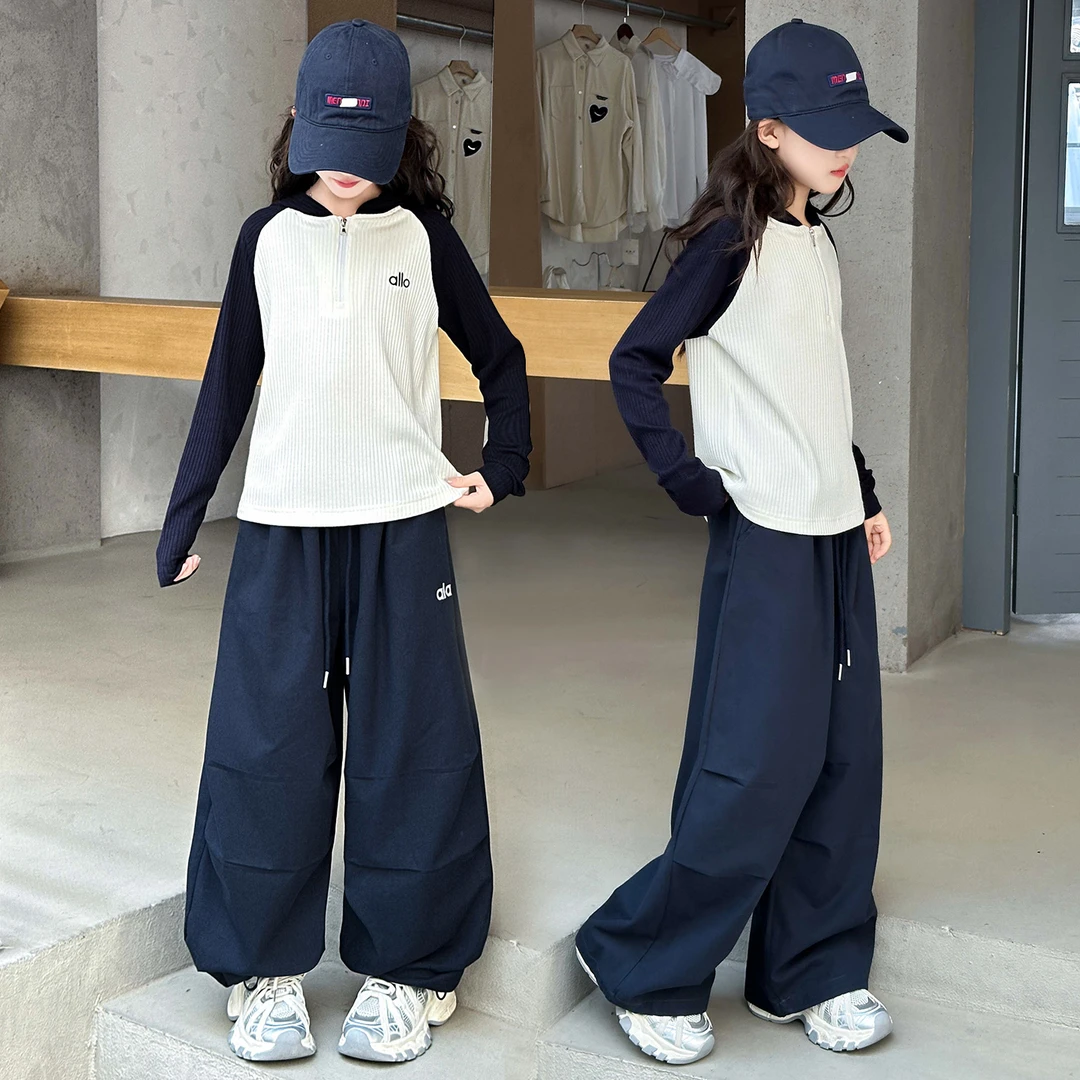 女童春秋新款拼色连帽上衣2025新款6-12岁小女孩休闲工装裤两件套