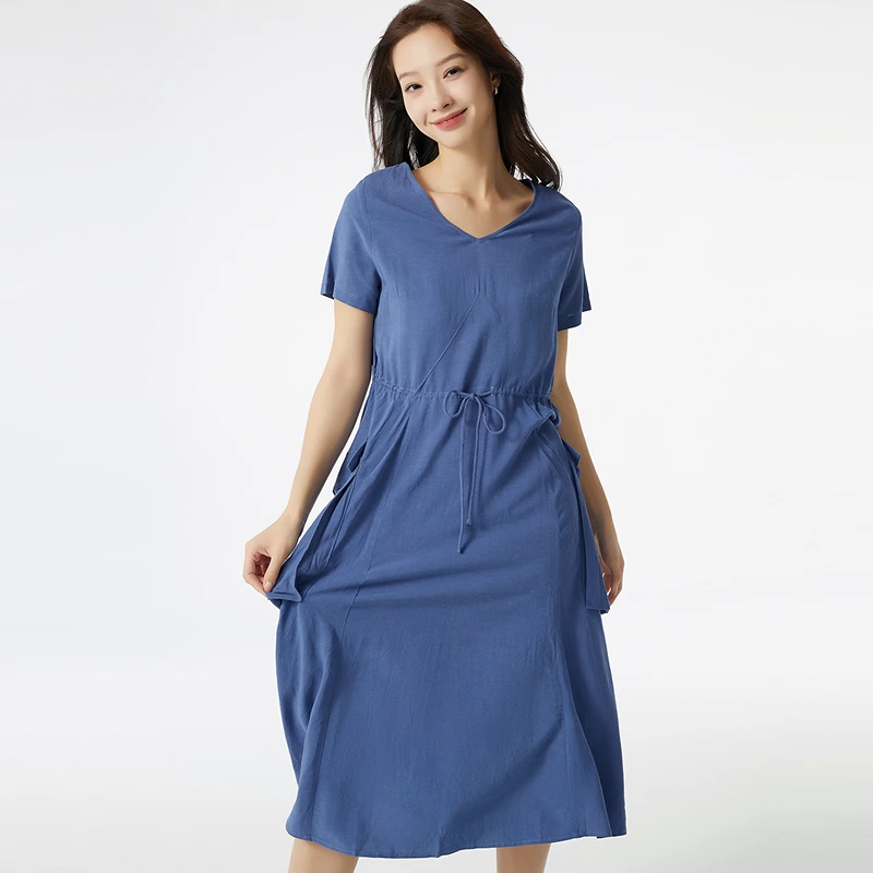 布景连衣裙女春季新品文艺V领收腰系带短袖中长裙子BW31LB1999