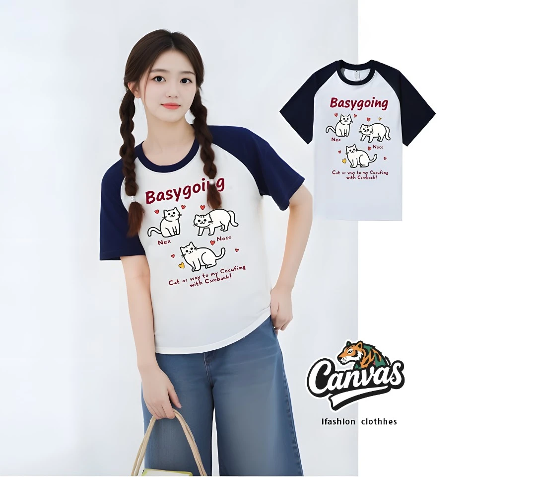 夏季短袖拼接色宽松半袖印花圆领百搭潮流t恤纯棉时尚女款休闲