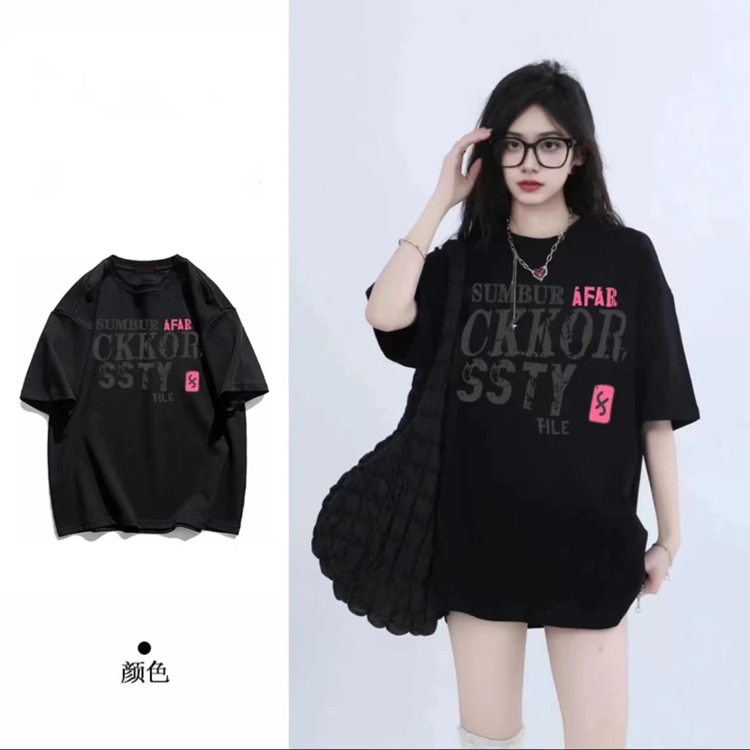 AZGO百搭宽松印花ins美式纯棉休闲小众学生圆领T恤（灰色字母）