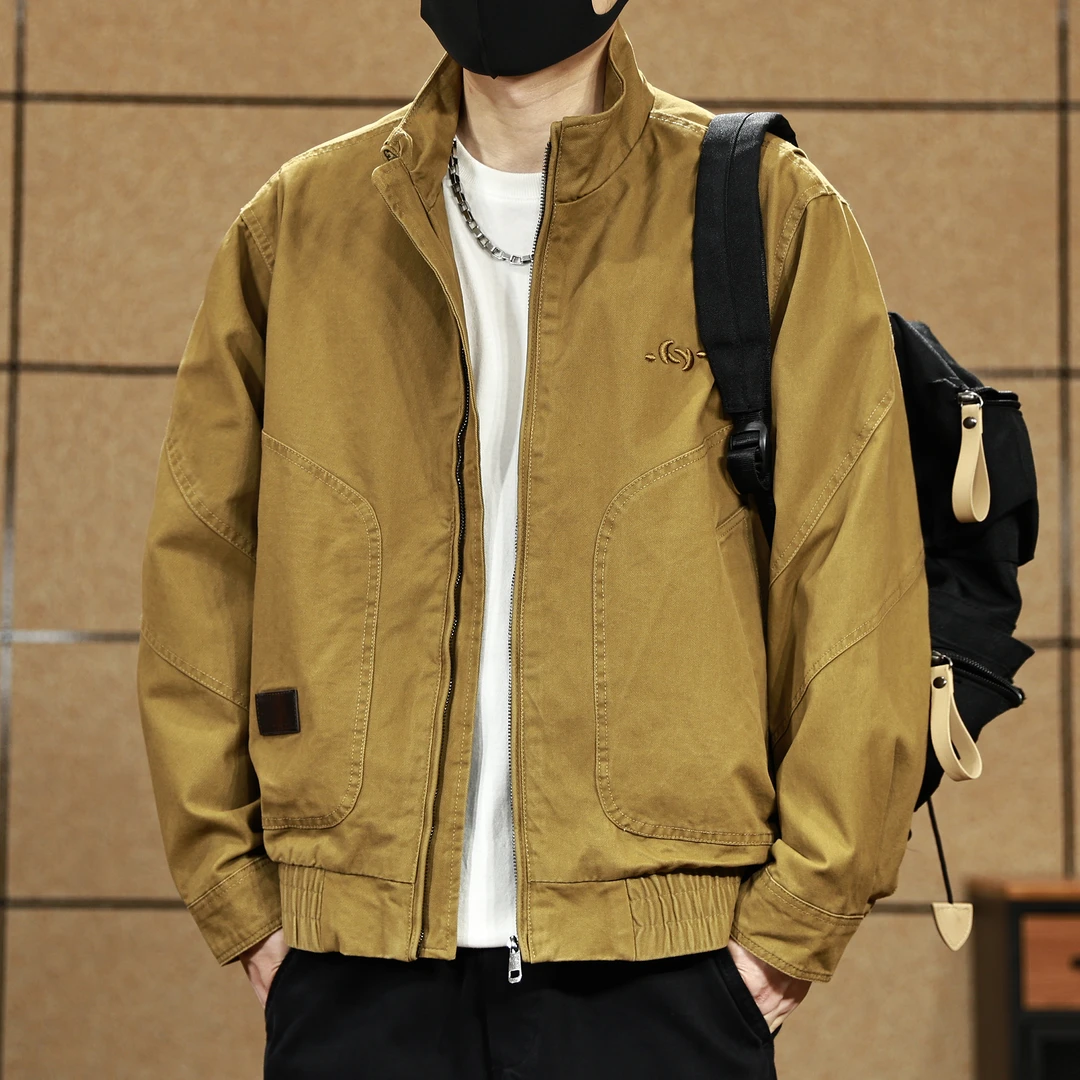 高端美式复古立领工装夹克男装春秋季新款重磅简约刺绣休闲外套男