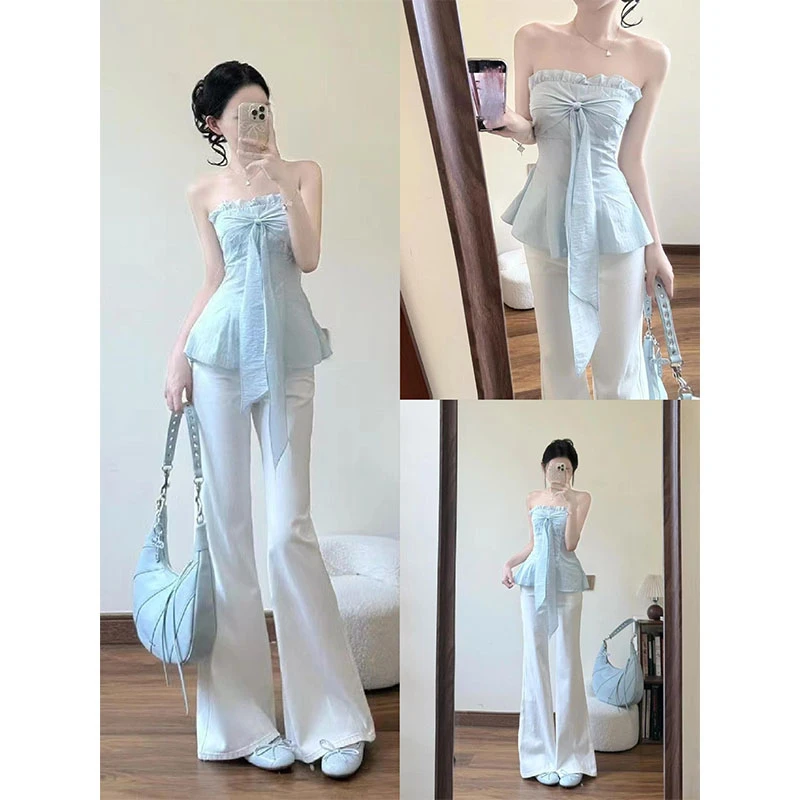 韩系穿搭一整套夏天蓝色蝴蝶结抹胸背心女高腰白色微喇牛仔裤套装