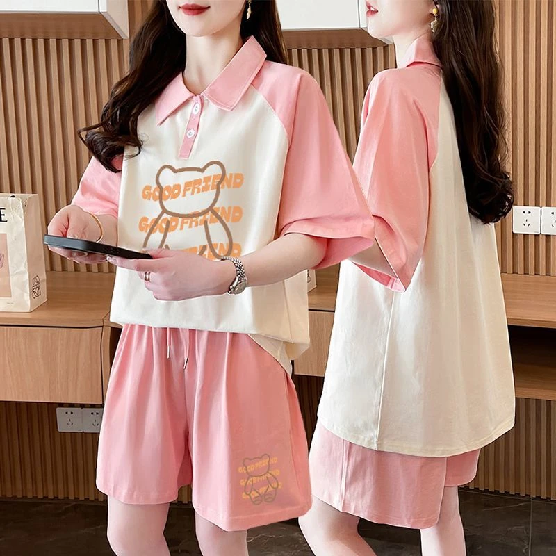 纯棉运动服套装女2025夏季新款休闲百搭宽松短袖t恤短裤两件套潮