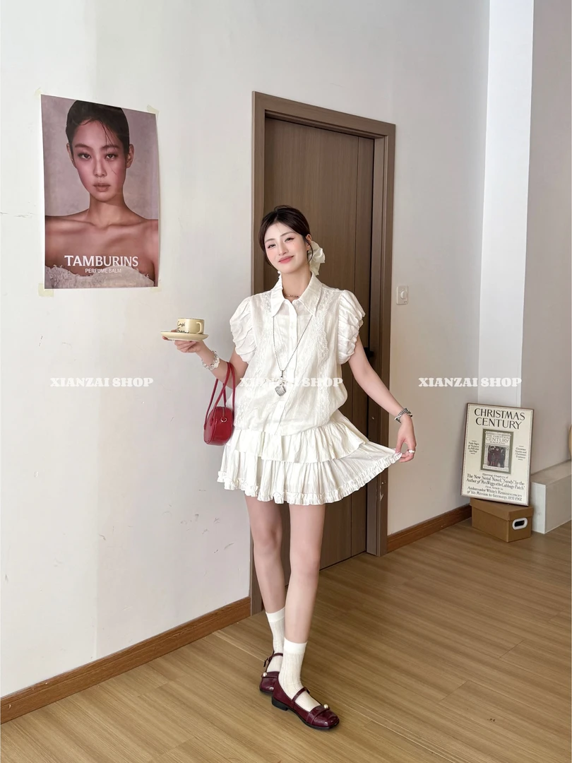 XIANZAI【夏天的风】夏季新款甜美花苞袖白衬衫短袖蛋糕裙两件套装