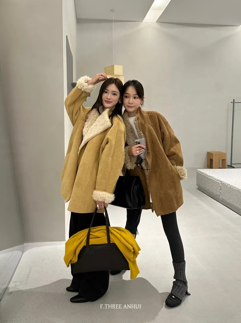 羊羔毛外套女环保皮毛一体秋冬宽松加厚鹿皮毛毛外套