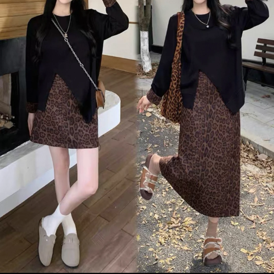 大码女装时尚套装秋季不规则长袖卫衣显瘦豹纹半身裙子两件套3838