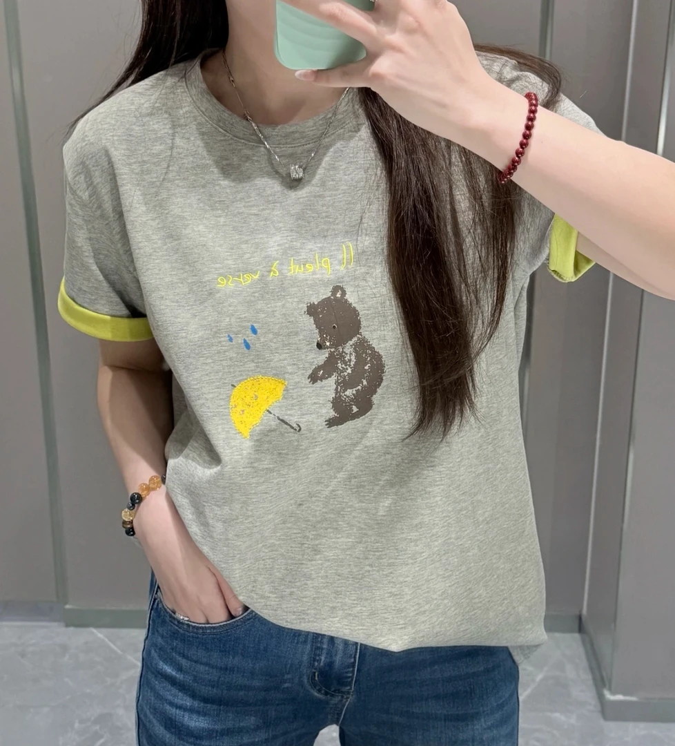 撞色小熊   2025春夏新款百搭撞色圆领T恤上衣短袖2525