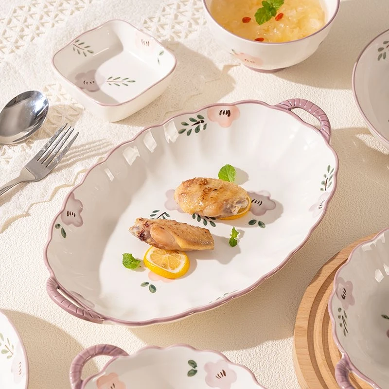 鱼盘高颜值加厚创意家用陶瓷餐盘新款网红双耳盘