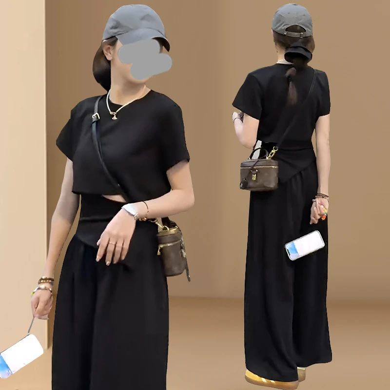 2025夏季新款时尚套装气质简约收腰短袖T恤+高腰显瘦阔腿裤两件套