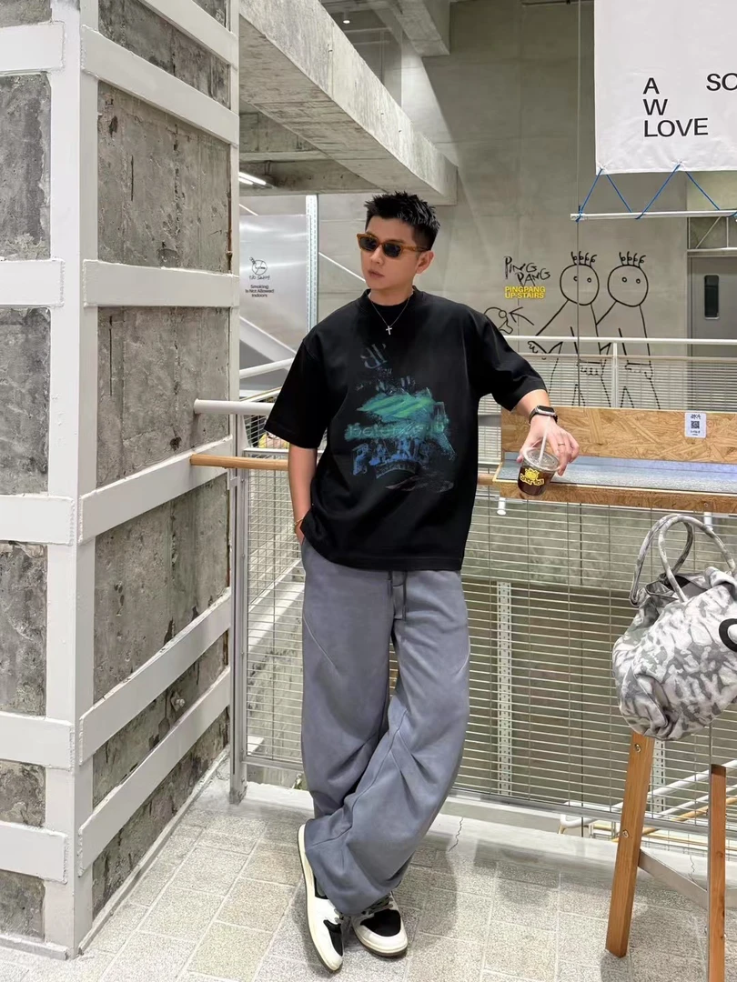 2025新品男士宽松型男装个性T恤设计师短袖重磅克100棉