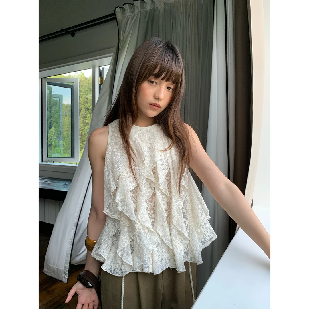 NEWOPEN夏季法式时尚洋气减龄设计感不规则无袖蕾丝衫女上衣S5682