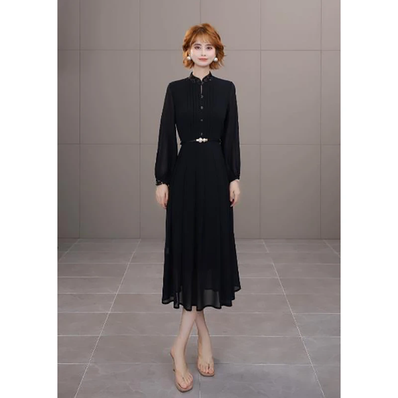 2025新款夏季气质优雅圆领中长款连衣裙女