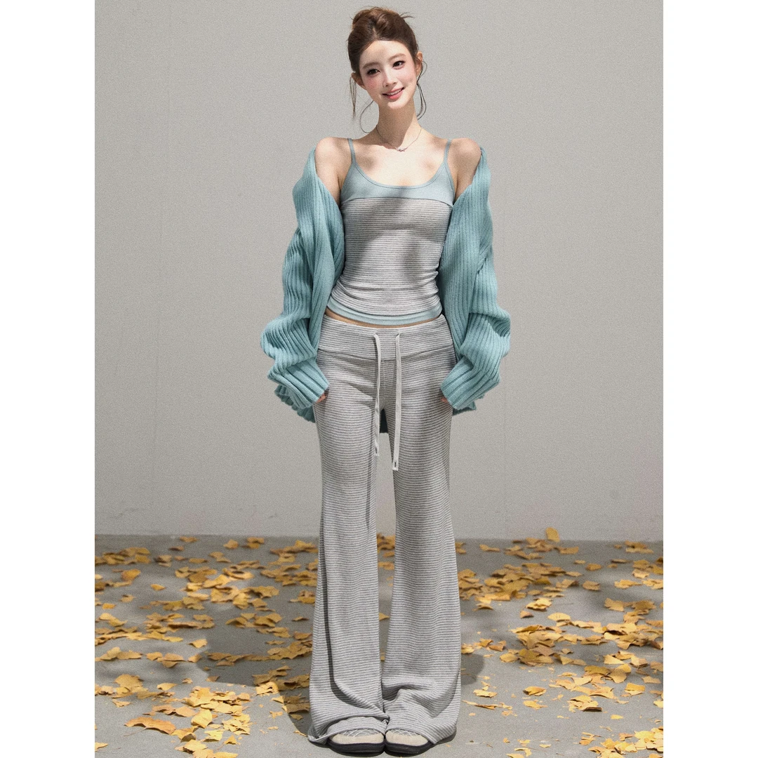 谢不肉 宽松针织外套女条纹背心垂感长裤套装50399/50408/50413