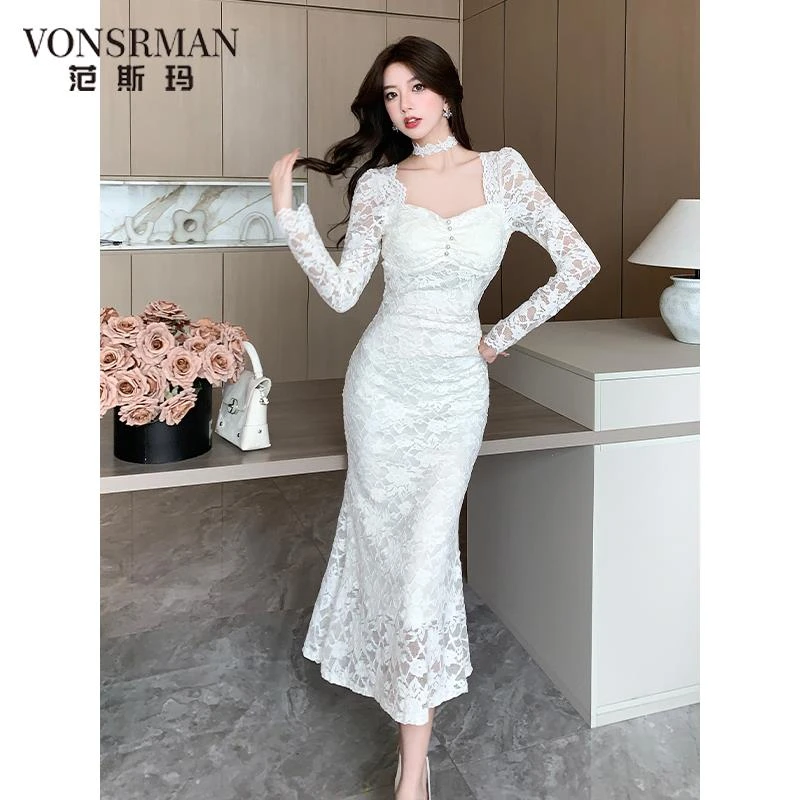 设计感法式名媛包臀内搭鱼尾裙2025秋冬季新款性感显瘦蕾丝连衣裙