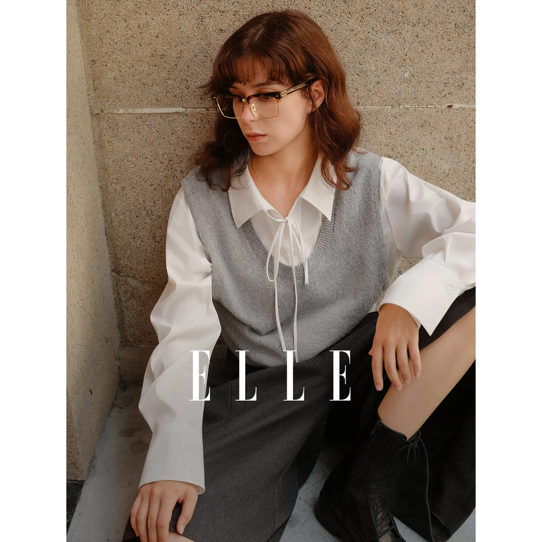 ELLE假两件马甲针织衫白衬衫女2025秋冬穿搭通勤外穿毛衣EM52112