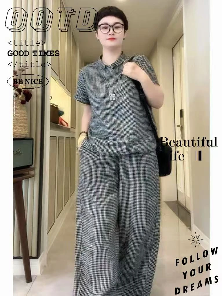 欧洲站2025夏季新款韩系百搭休闲翻领短袖上衣高腰阔腿裤格子套装