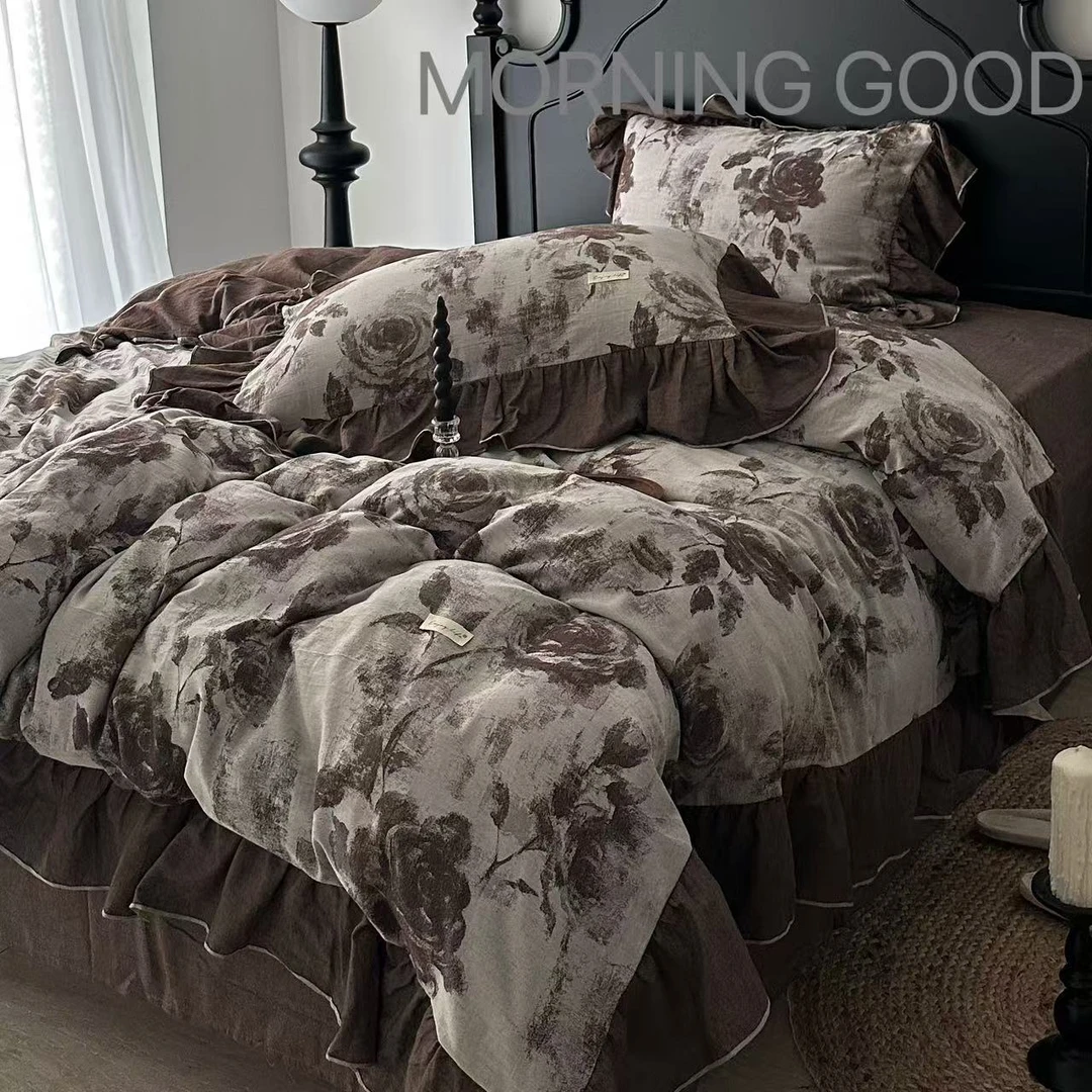 【MORNING GOOD】定制款复古全棉色织玫瑰大提花款四件套荷叶花边款