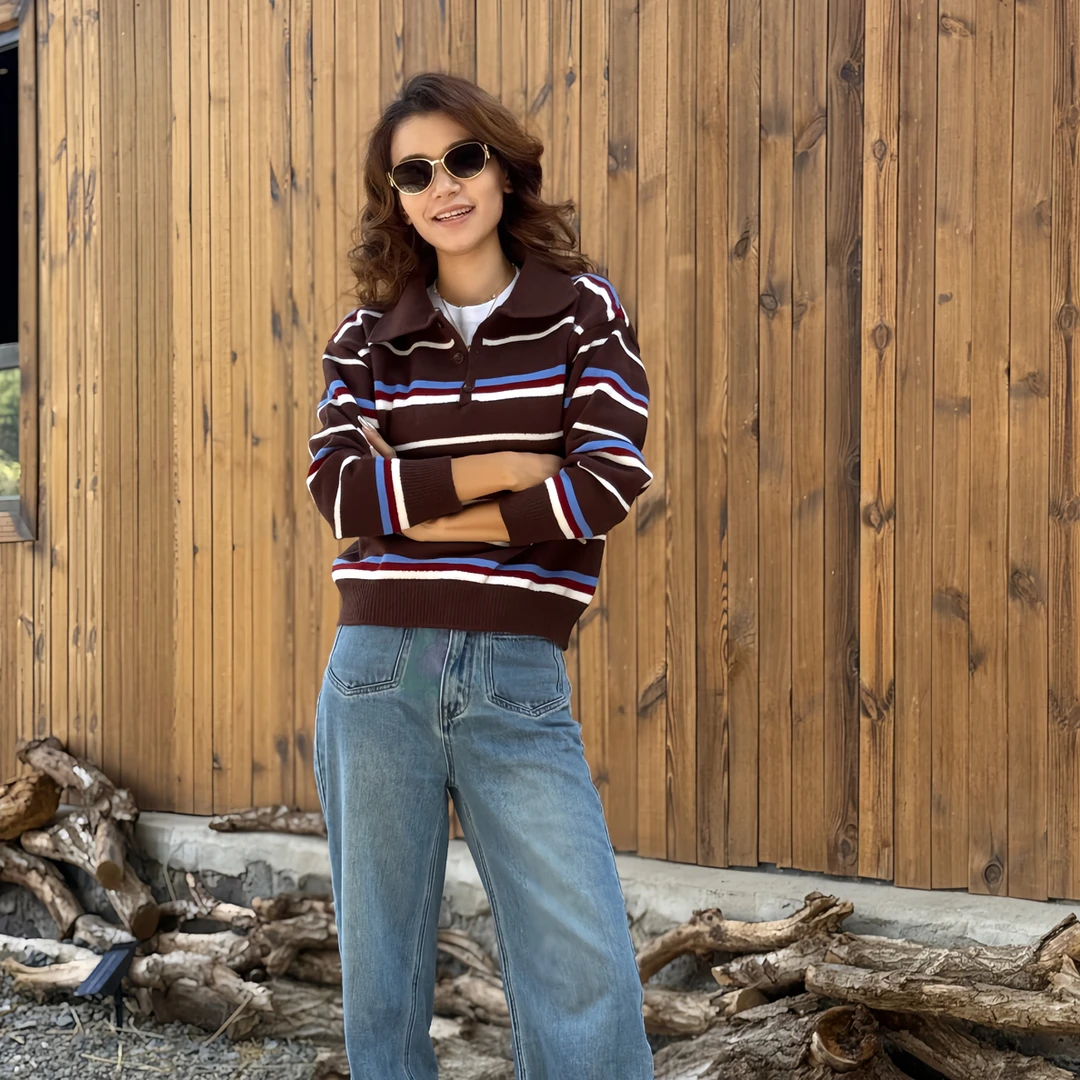 宽松翻领针织韩系条纹毛衣（达）