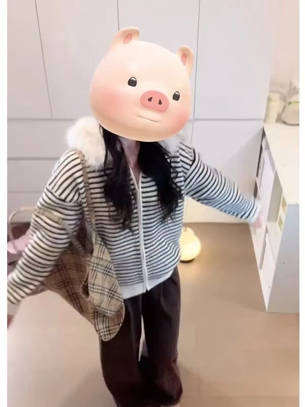 YD-韩系！针织条纹毛领开衫秋冬新款休闲拉链开衫上衣女