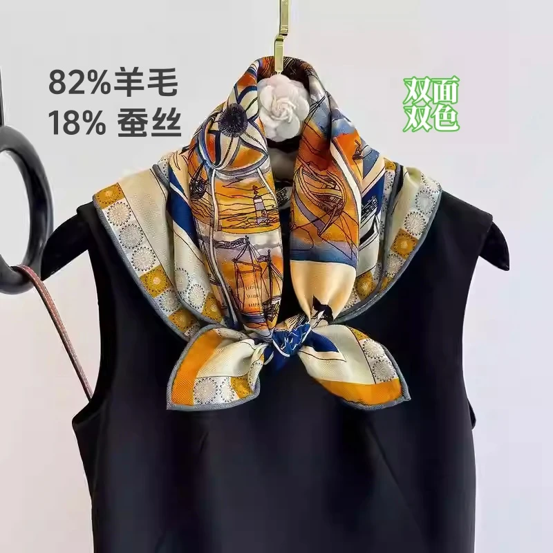 双面双色蚕丝羊毛围巾女2025秋冬新款薄款职业小方巾高品质丝巾女