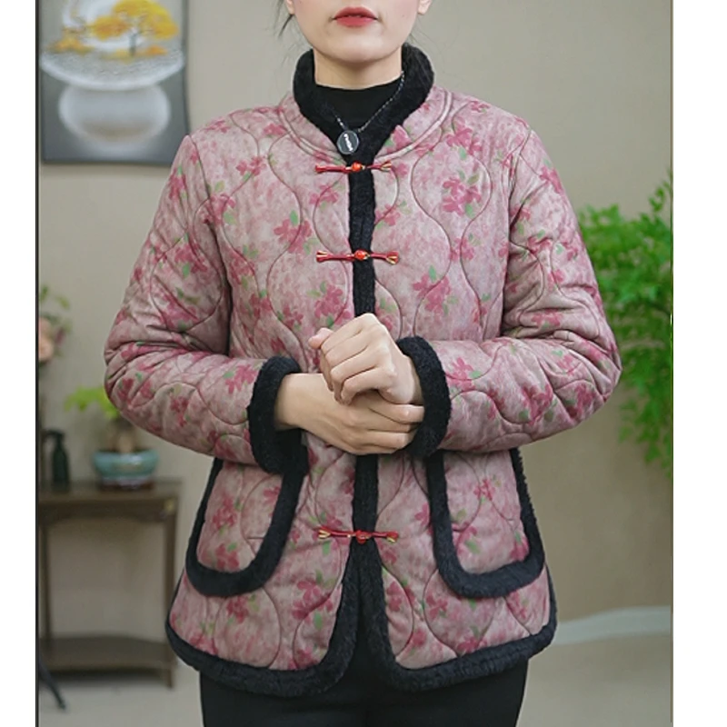 保暖女棉服秋冬复古风女大码棉衣小棉中年妈妈盘扣中国风加绒冬季