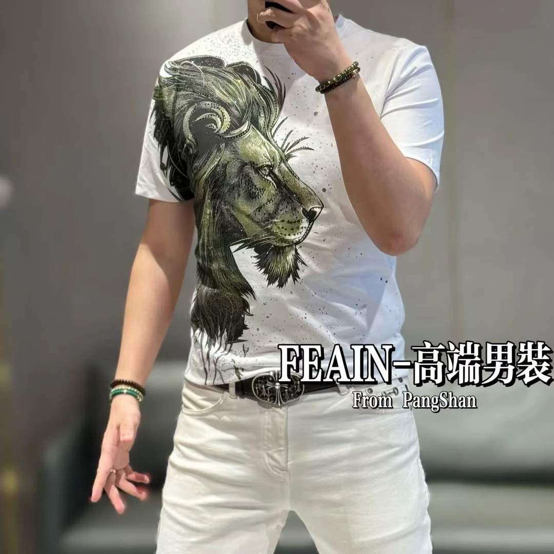 高端欧货幻彩印花奥钻点缀狮子王男士短袖T恤97720