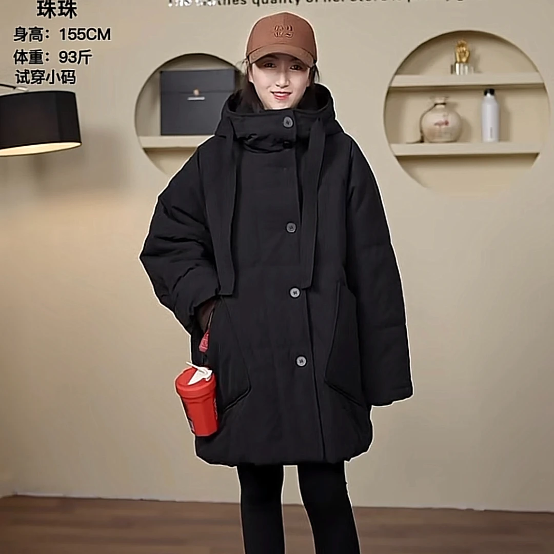 2025冬季新款韩版中长款宽松大码显瘦加厚保暖连帽棉服外套女