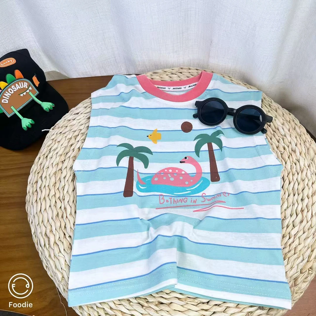 YM【JM 25338】夏季新款中小童韩版条纹清爽恐龙印花卡通短袖体恤