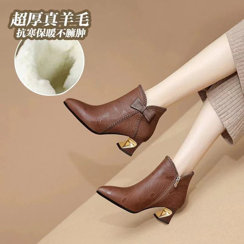 羊羔毛真皮尖头踝靴/羊皮/34-42/8175时尚粗跟短靴中跟舒适时装靴