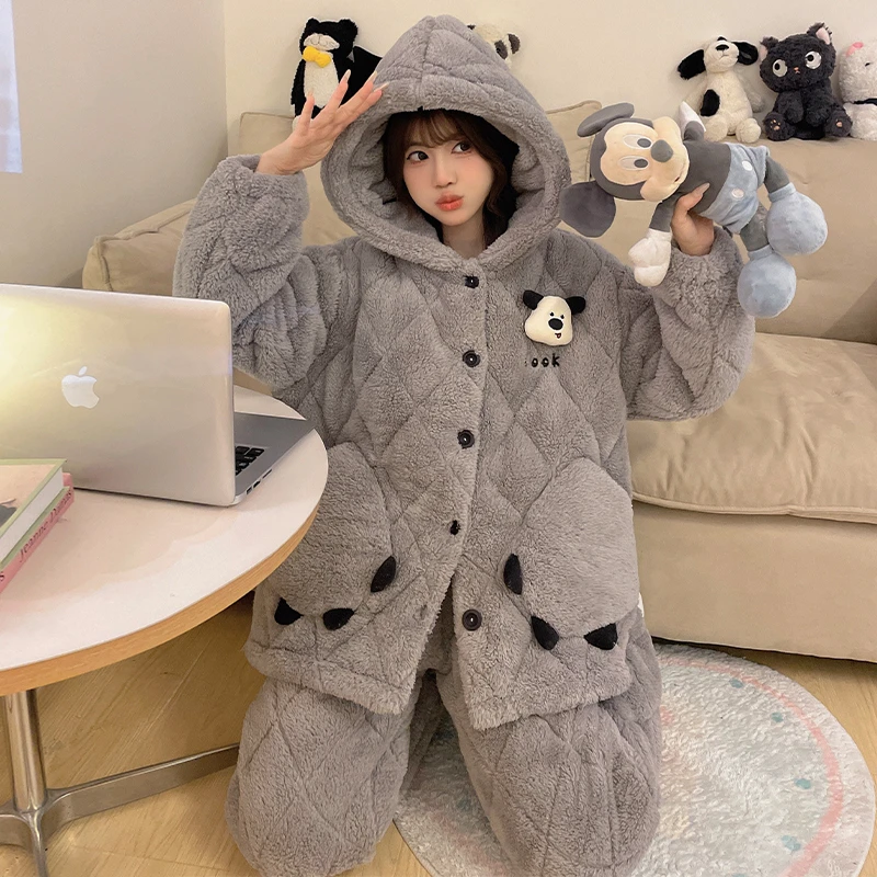 三层夹棉加绒加厚套装冬季珊瑚绒2024新款加绒睡衣女法兰绒家居服
