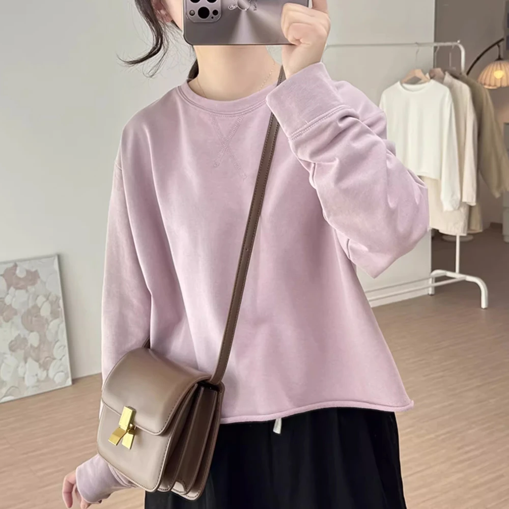 简约卷边卫衣外套女士春秋季新款韩版宽松基础款圆领棉质减龄上衣