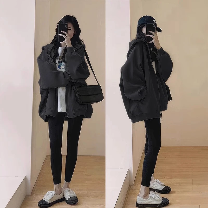 深灰色连帽卫衣外套女2025新款爆款春秋宽松上衣加绒加厚冬季开衫