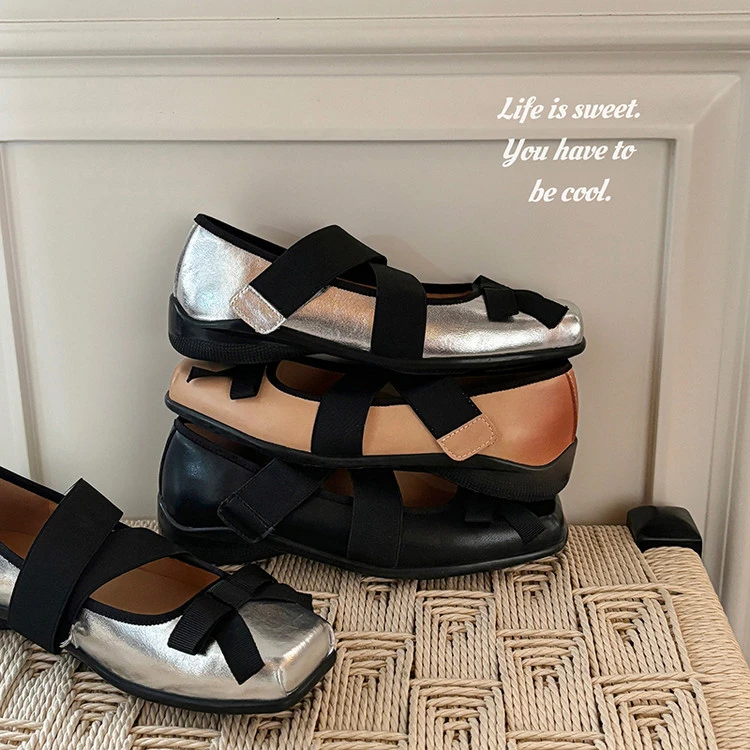 【米兰】法式复古猪鼻子头交叉绑带蝴蝶结芭蕾舞平底单鞋女鞋魔术贴