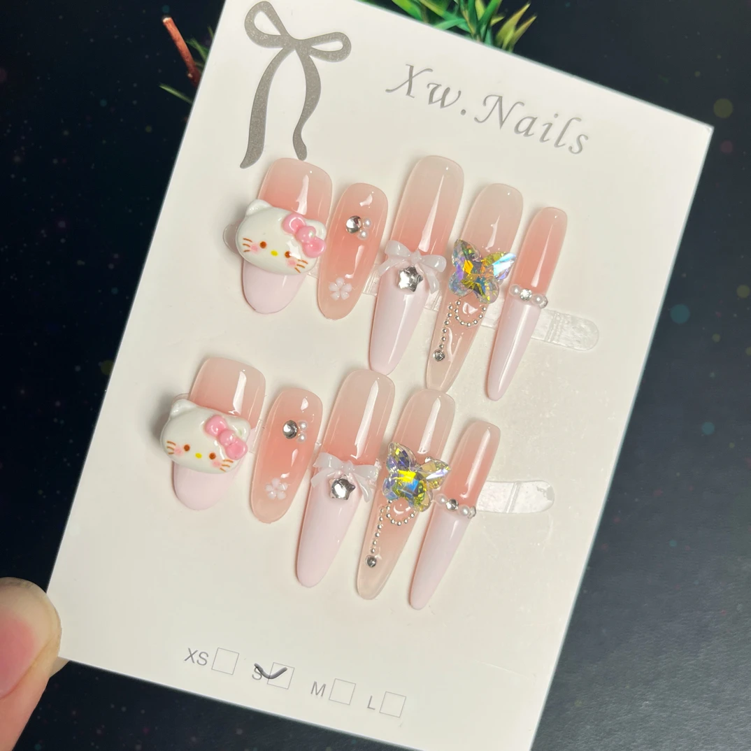 手工穿戴式气质纯欲清新简约冰透中长款粉色秋冬穿戴甲