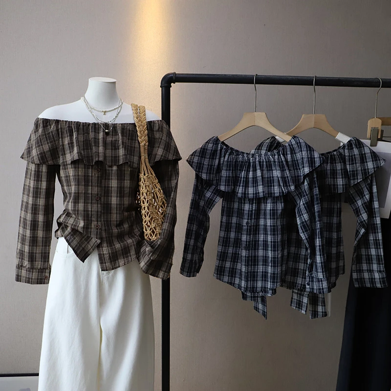 [比正]2025秋季新款韩版荷叶边一字肩格子系带收腰长袖衬衫衬衣女
