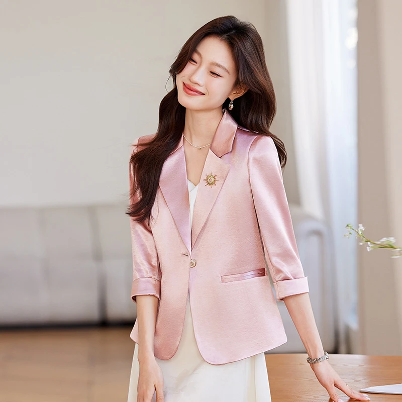 醋酸小西装外套女七分袖2025新款夏季薄款修身休闲小个子短款西服
