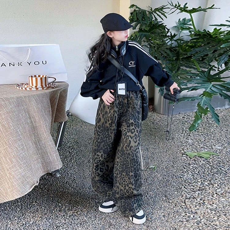女童炸街套装春秋款2025新款春装豹纹裤潮酷韩系穿搭阔腿裤两件套