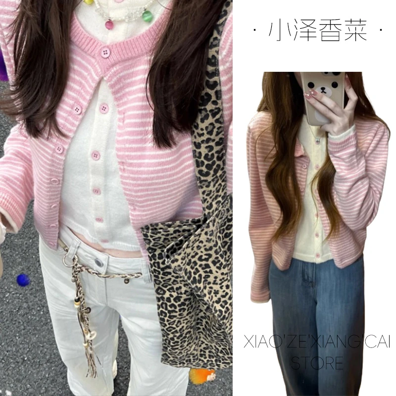 早秋韩系流行穿搭假两件粉色条纹针织开衫女修身短款毛衣外套上衣