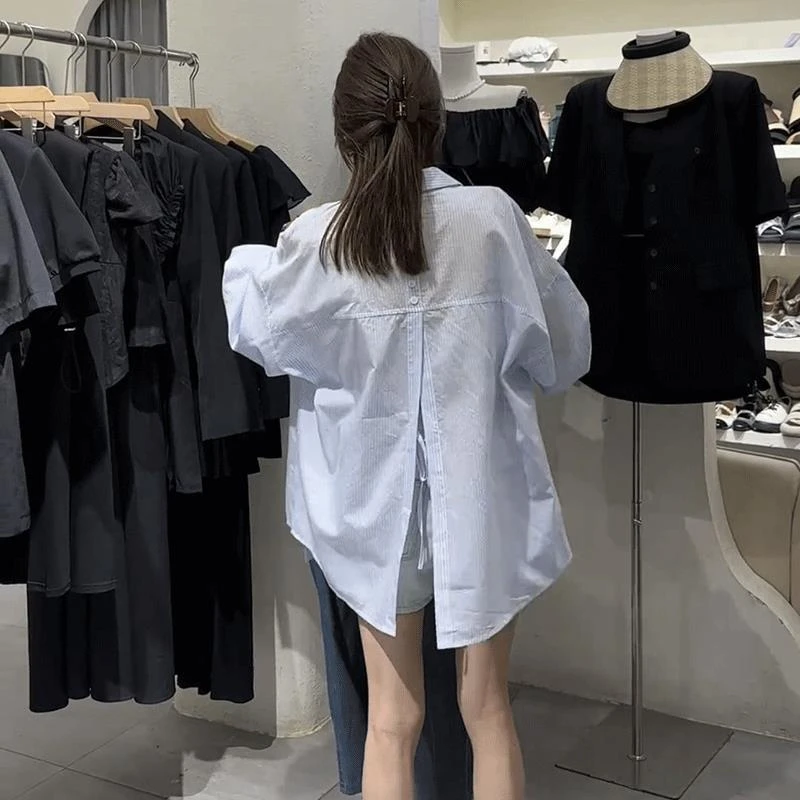 2025夏季新款女士欧货轻薄防晒条纹长袖衬衫宽松显瘦开叉休闲上衣