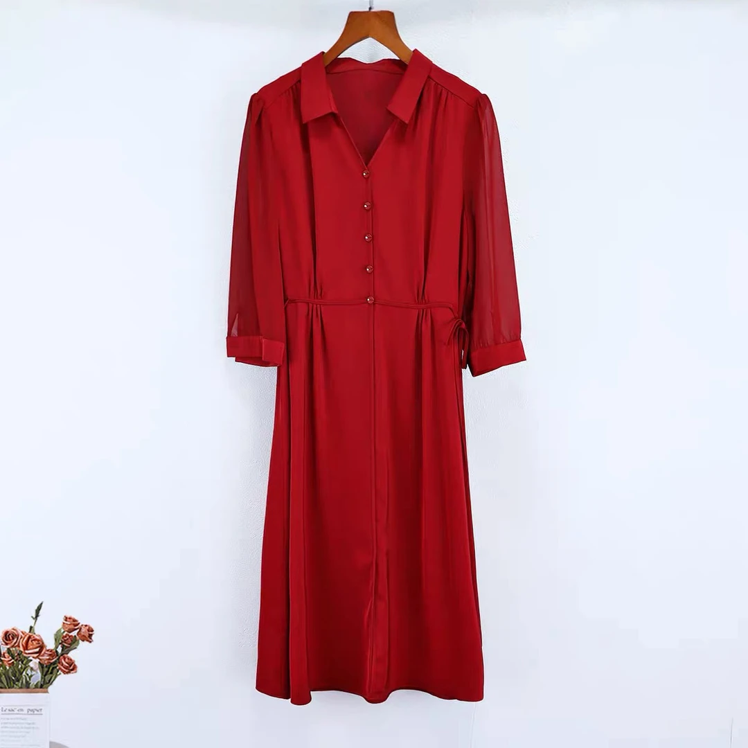 新款气质翻领七分袖收腰显瘦中长款连衣裙A13457