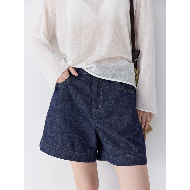 CHALAMON夏拉蒙 撞色明线A字高腰宽松显瘦牛仔短裤