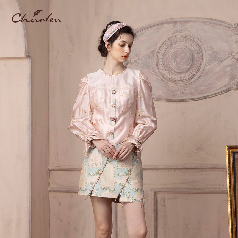 【媛媛专享】朝峰新款圆领长袖修身露肩衬衣CFD1E183-1806T