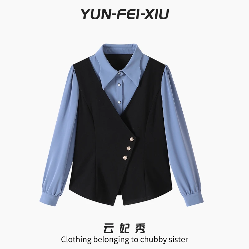 云妃秀大码女装衬衫宽松显瘦胖妹妹设计感假两件层次感上衣秋7126